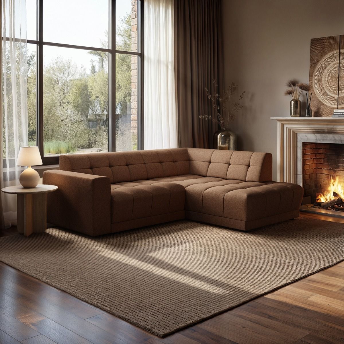 SOLACE+CO Asta 3-Seater Right Corner Sofa Brown Fabric