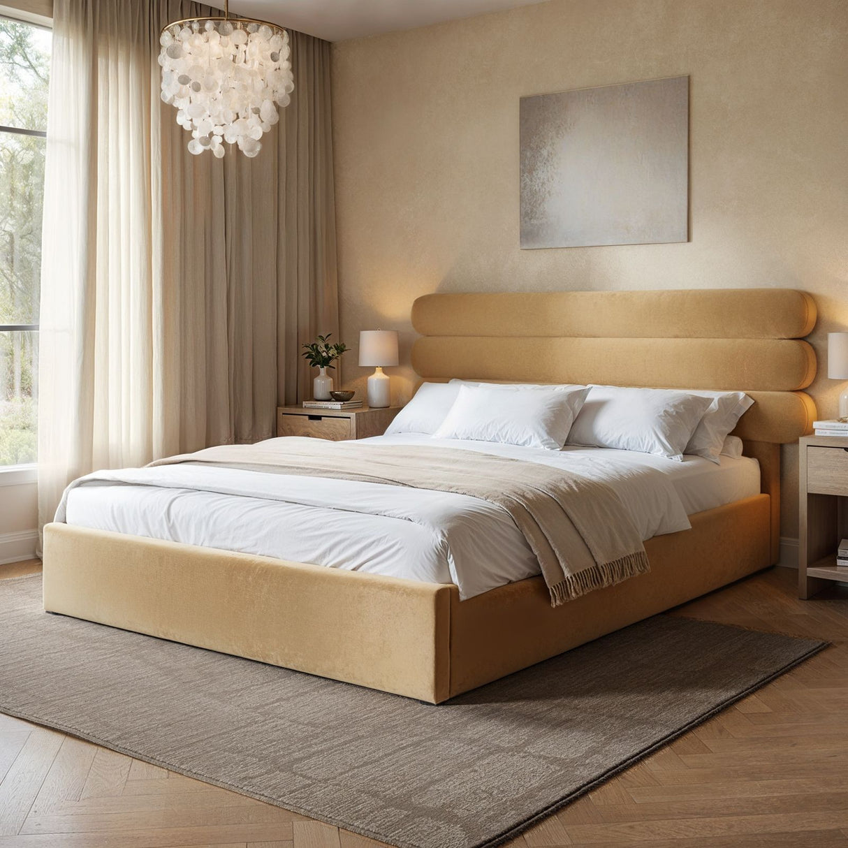 SOLACE+CO Atlas Ottoman Bed Sand Velvet Double