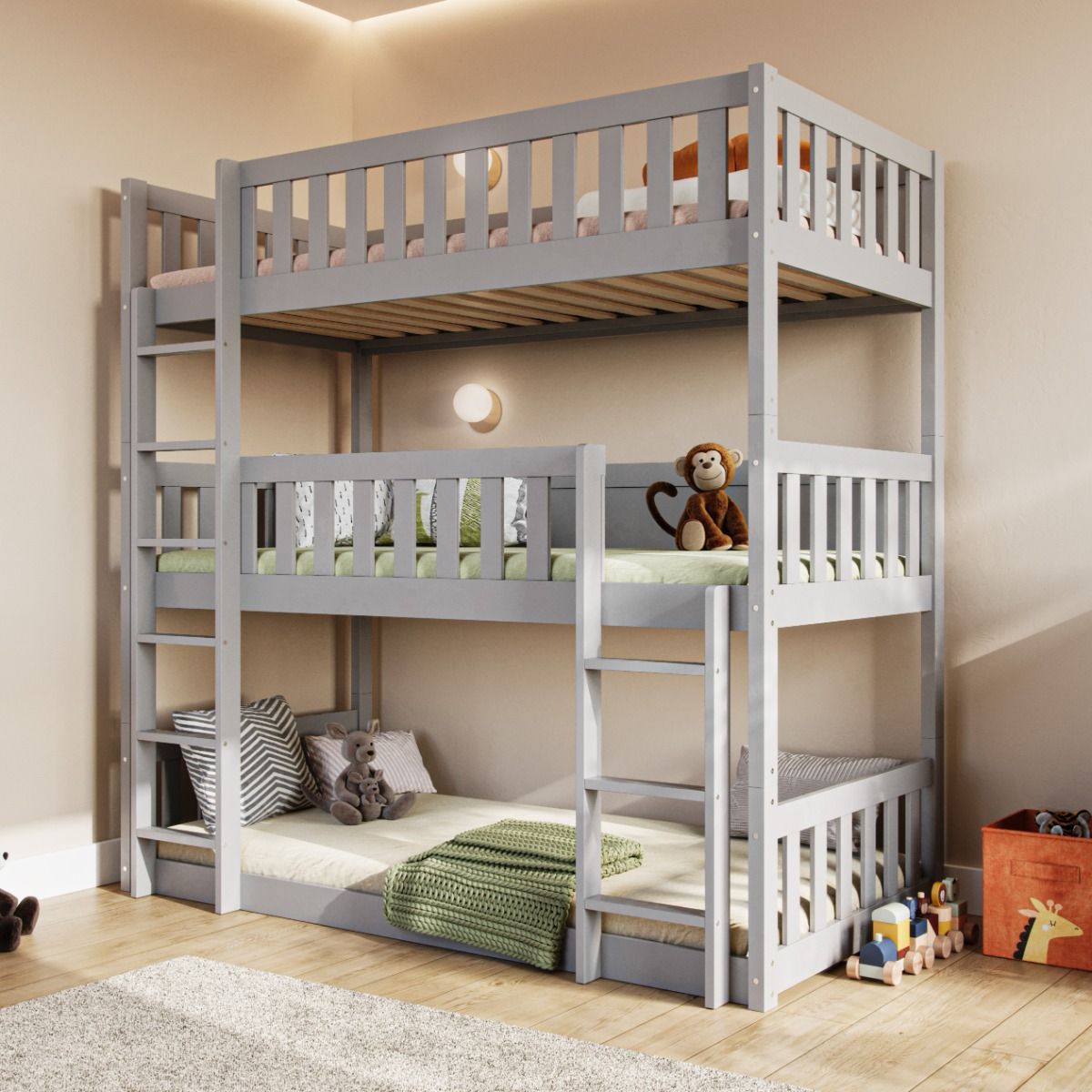 Flair Bea Triple High Wooden Bunk Bed Grey