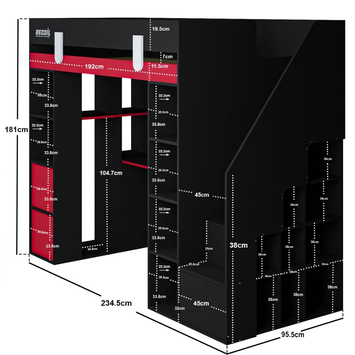 Recoil Blaze Staircase Gaming High Sleeper with Storage Black & Red