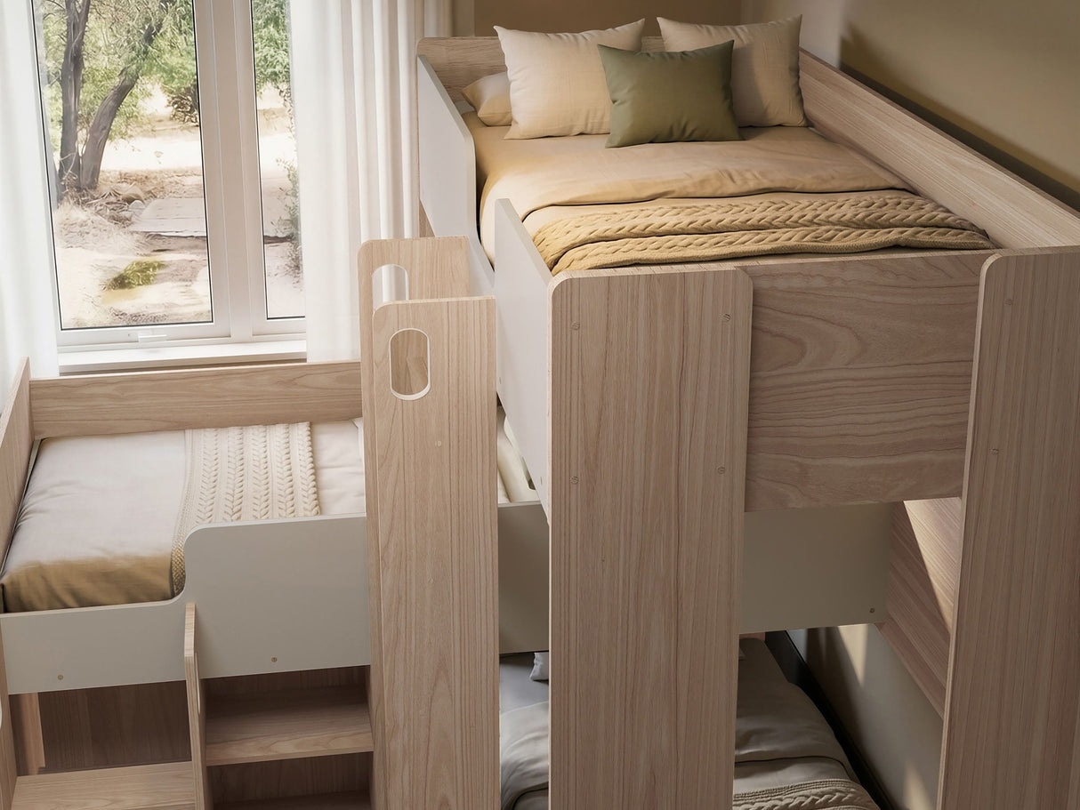 Flair Bode L-Shaped Triple Bunk Bed with Storage Shelves Oak & White