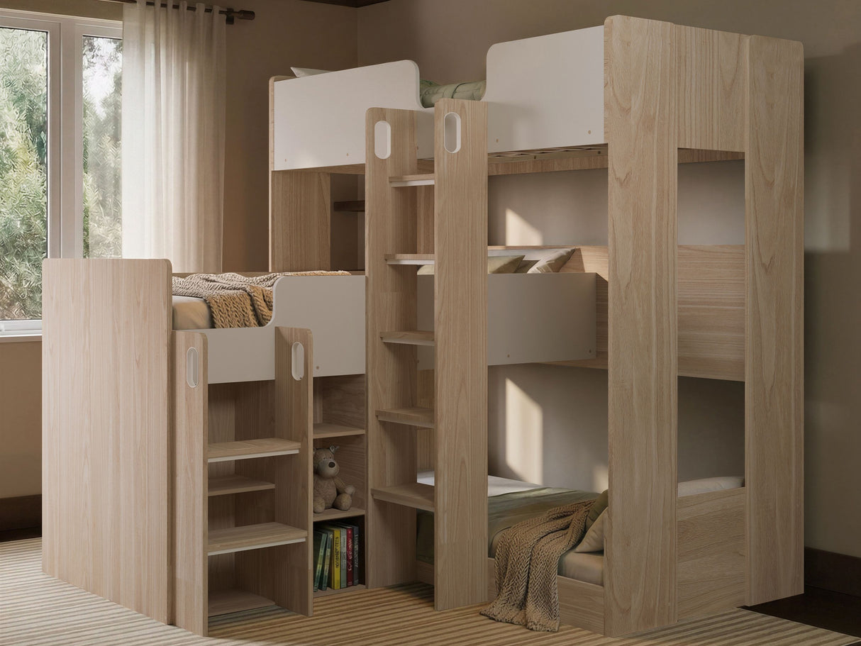 Flair Bode L-Shaped Triple Bunk Bed with Storage Shelves Oak & White