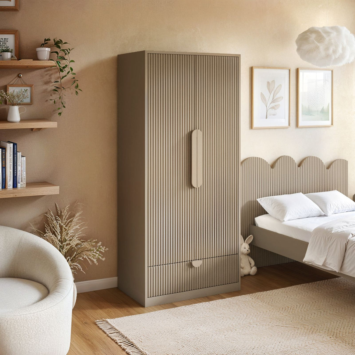 Flair Calista Ribbed Wardrobe 2 Doors with Drawer Taupe