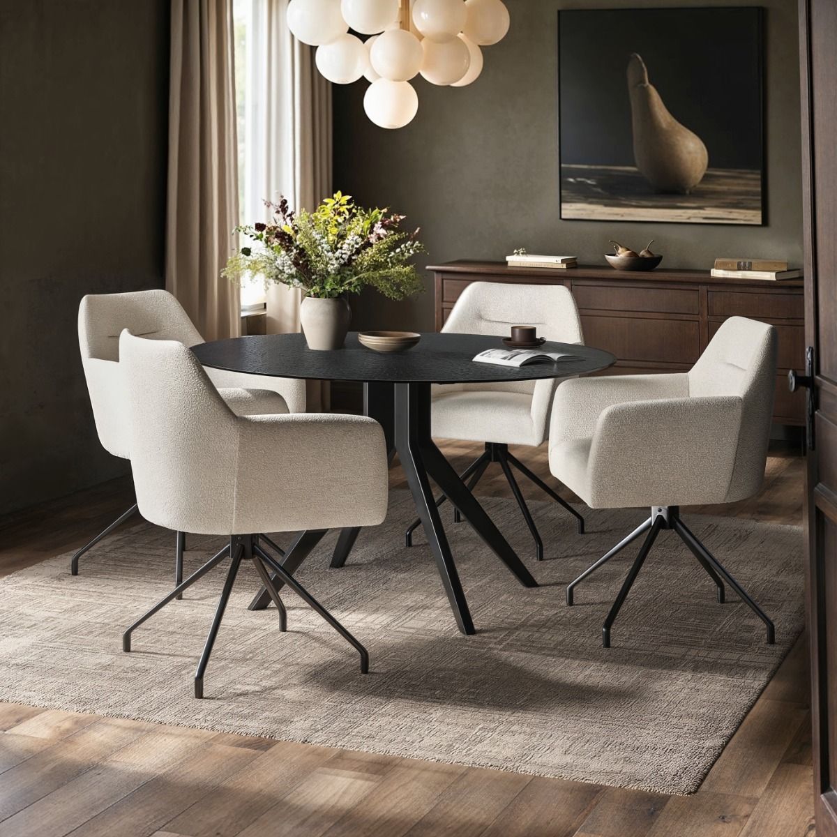 SOLACE+CO Emil Round Mottled Glass Dining Table with Isla Chairs Set of 4