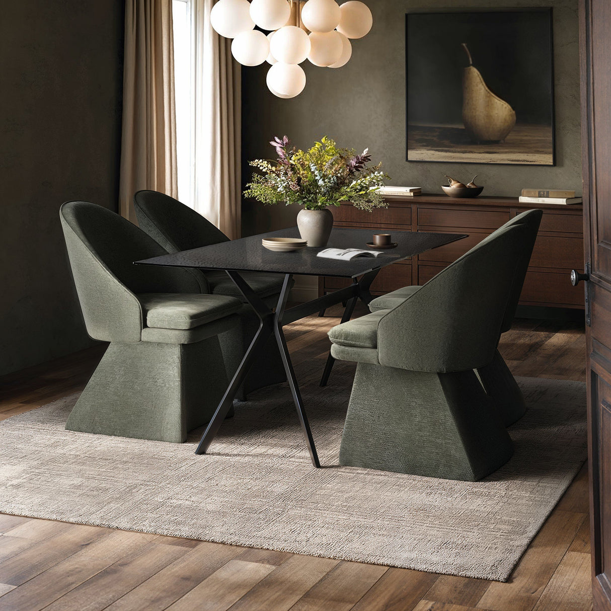 SOLACE+CO Emil Mottled Glass Dining Table with Aiko Chairs Set of 4
