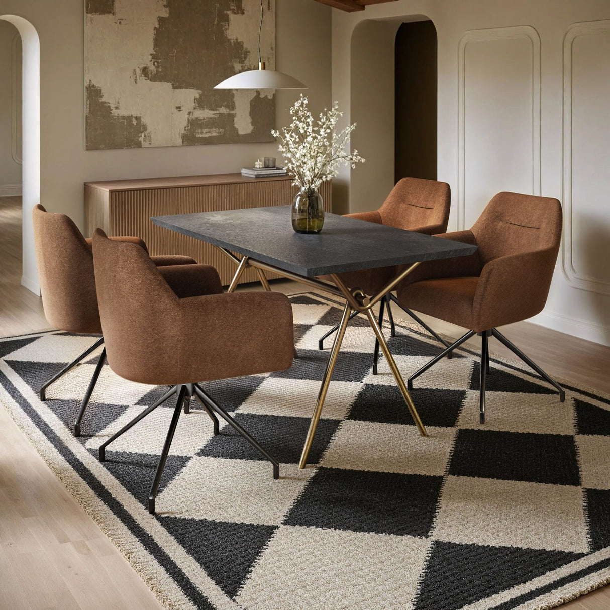 SOLACE+CO Lexi Dining Table with 4 Isla Swivel Dining Chairs Brown Fabric