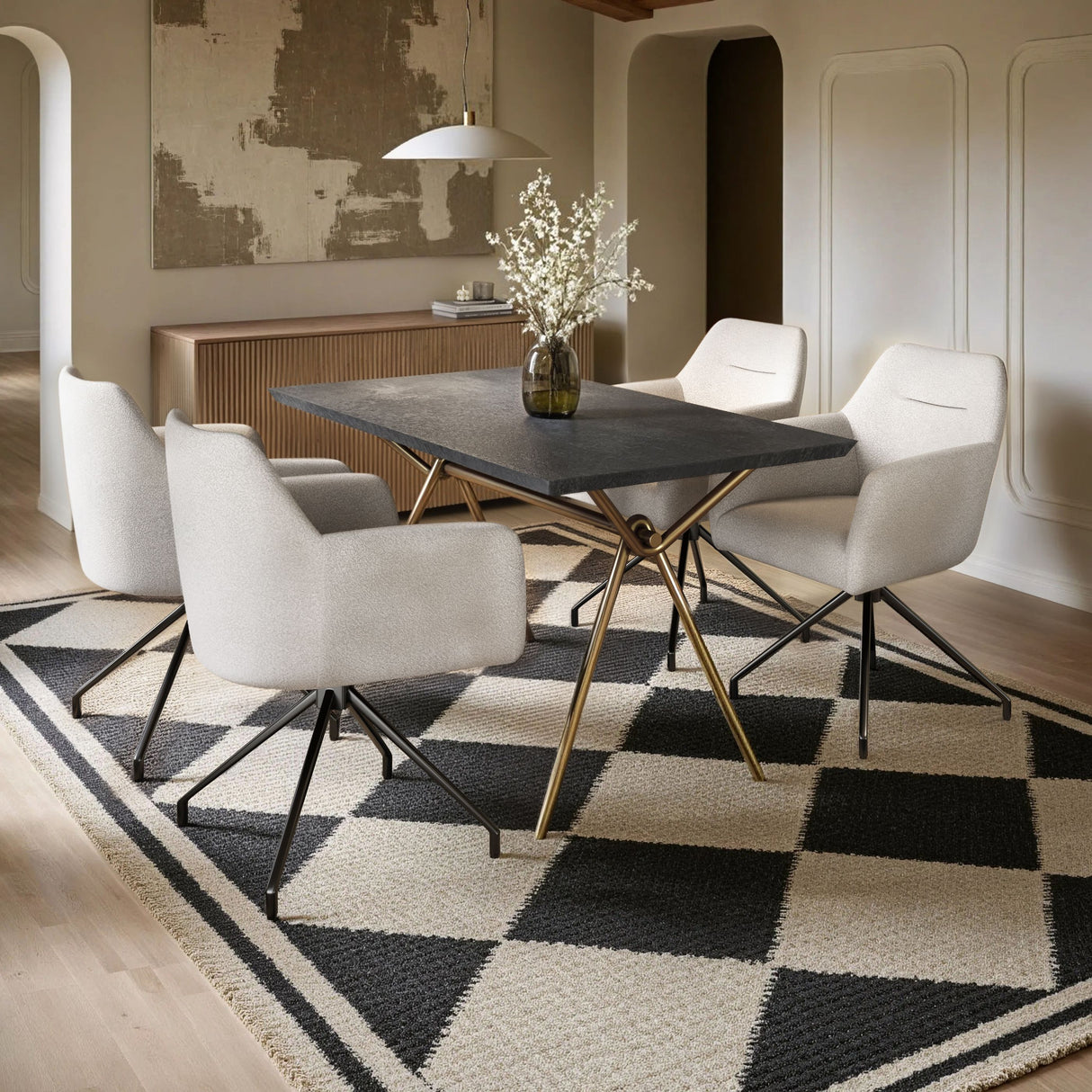 SOLACE+CO Lexi Dining Table with 4 Isla Swivel Dining Chairs Cream Boucle