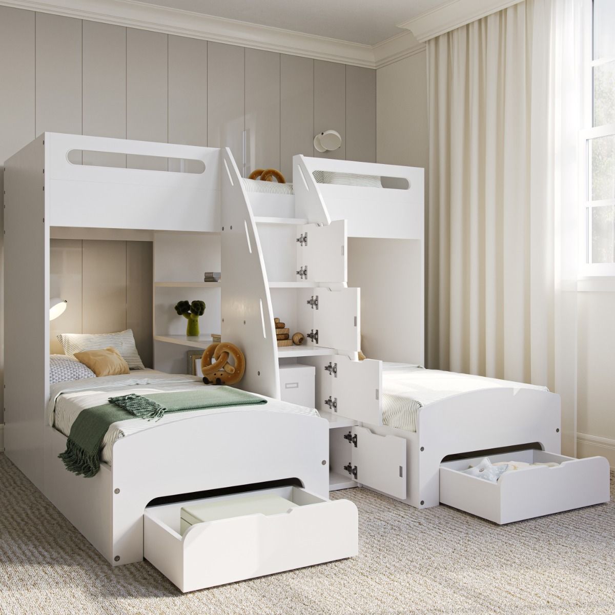 Flair Eddie Staircase Triple Bunk Bed with Storage White