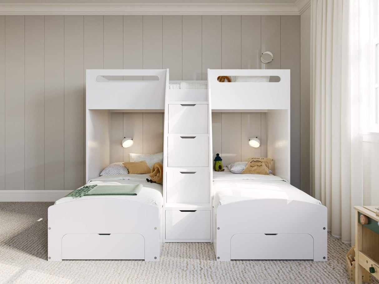 Flair Eddie Staircase Triple Bunk Bed with Storage White