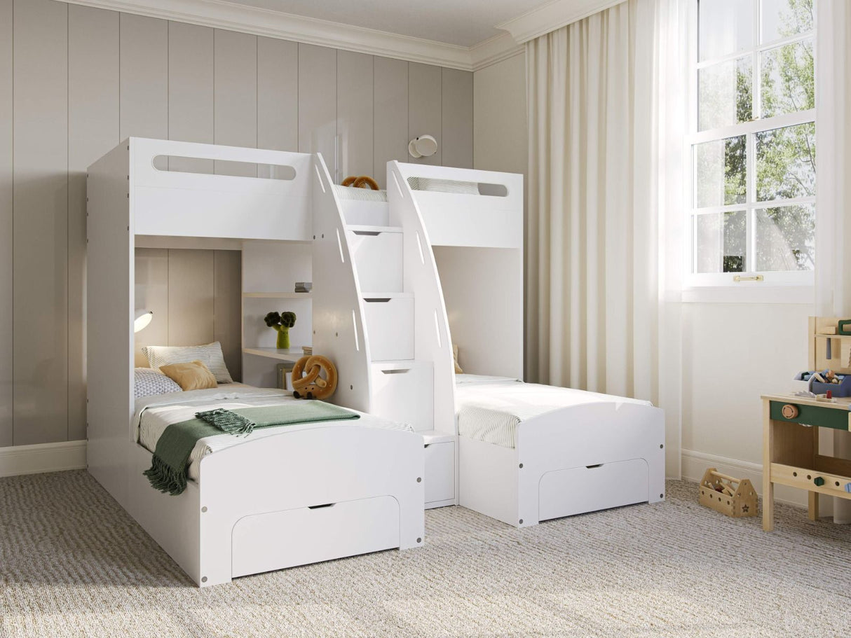 Flair Eddie Staircase Triple Bunk Bed with Storage White