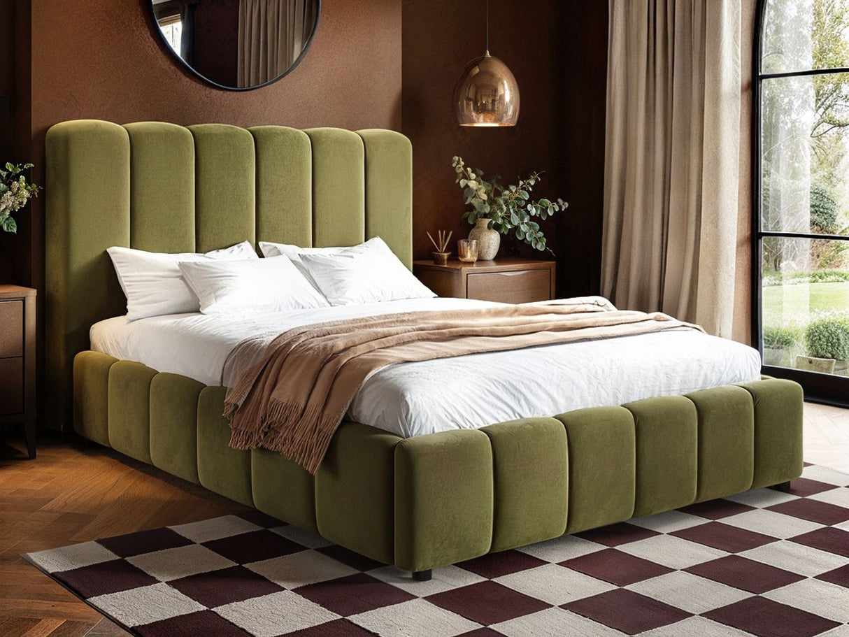 SOLACE+CO Emilie Ribbed Ottoman Double Bed Green Velvet