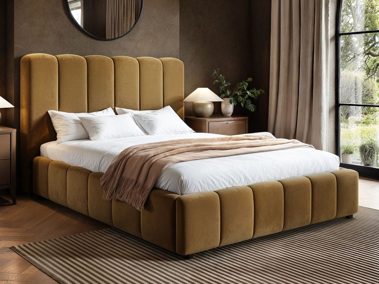 SOLACE+CO Emilie Ribbed Ottoman Double Bed Caramel Velvet