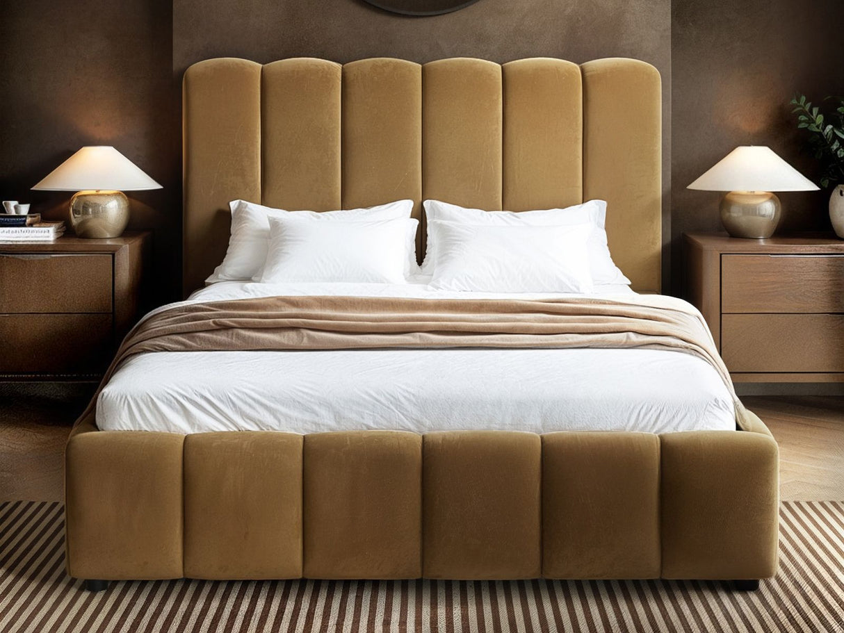 SOLACE+CO Emilie Ribbed Ottoman Double Bed Caramel Velvet