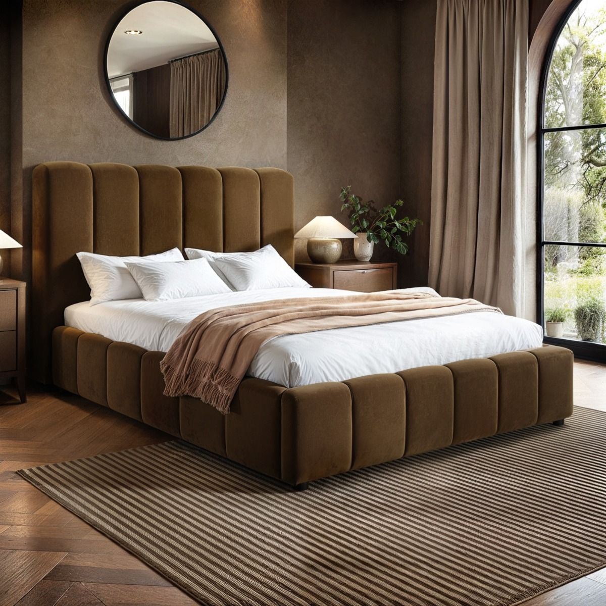 SOLACE+CO Emilie Ribbed Ottoman Kingsize Bed Brown Velvet