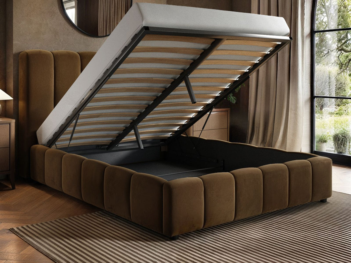SOLACE+CO Emilie Ribbed Ottoman Kingsize Bed Brown Velvet