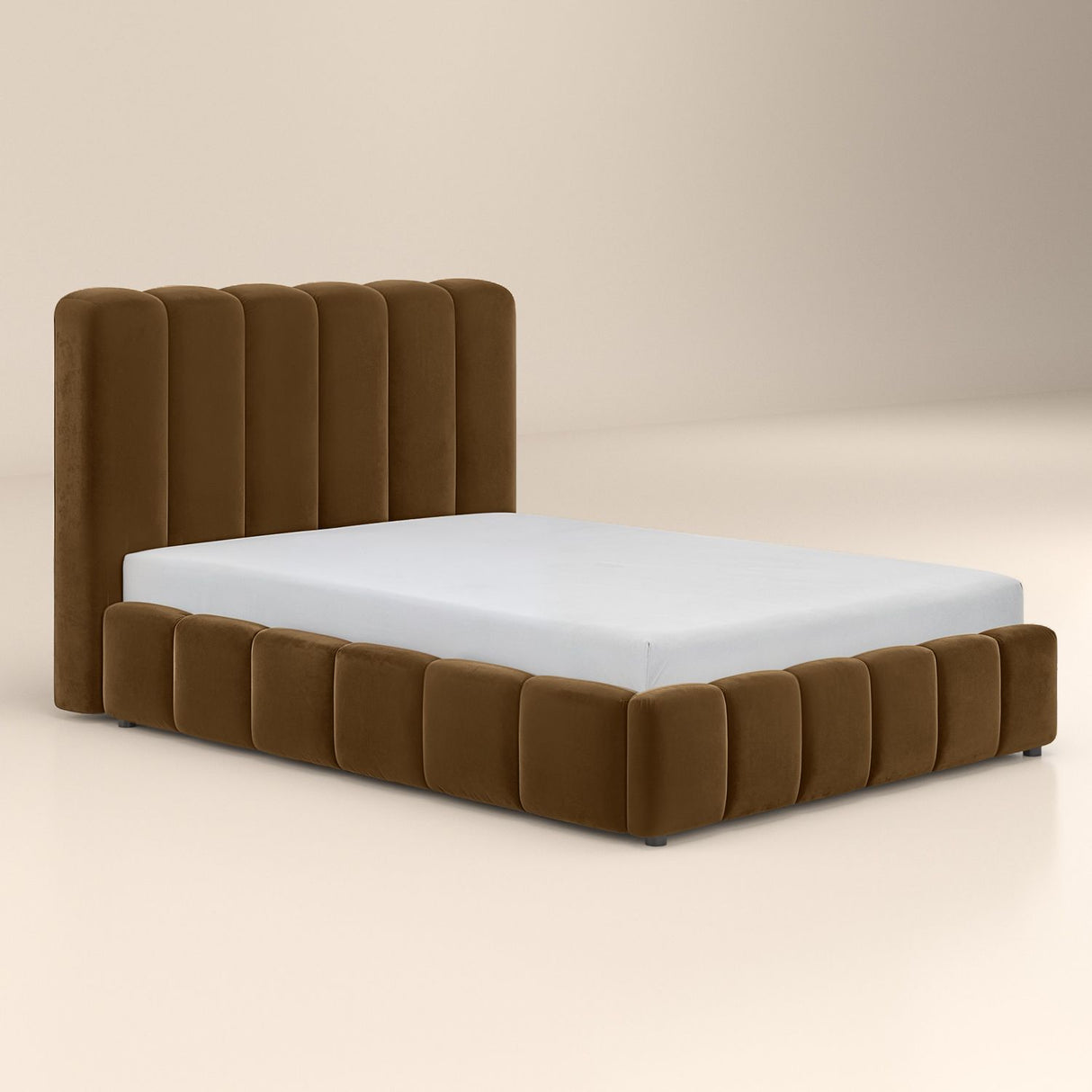 SOLACE+CO Emilie Ribbed Ottoman Double Bed Brown Velvet