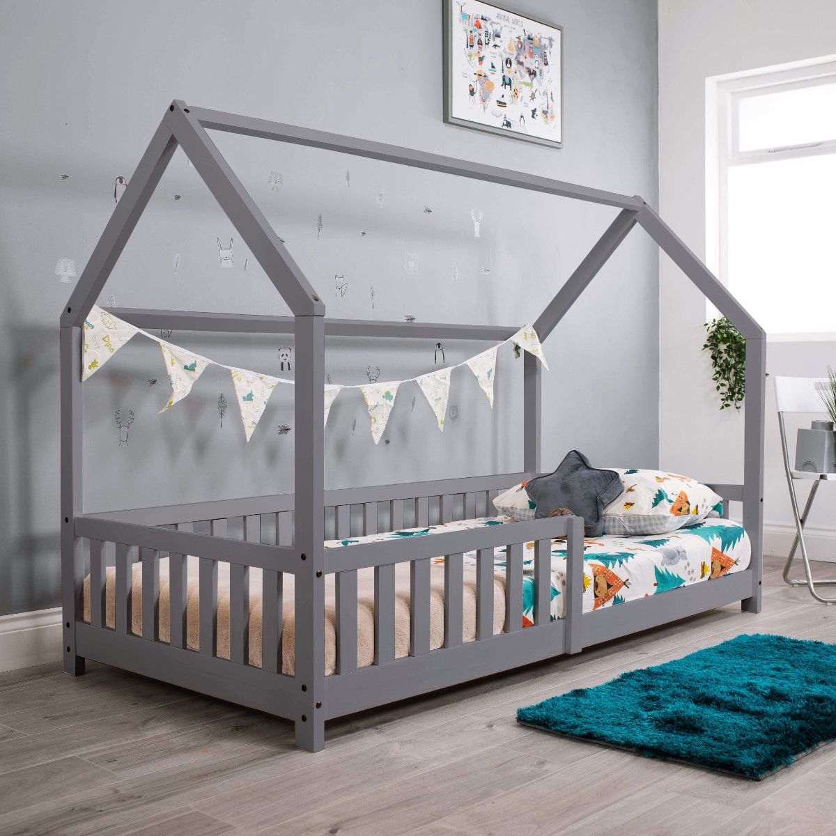 Flair Explorer Single Play House Floor Bed with Rails Grey Wooden