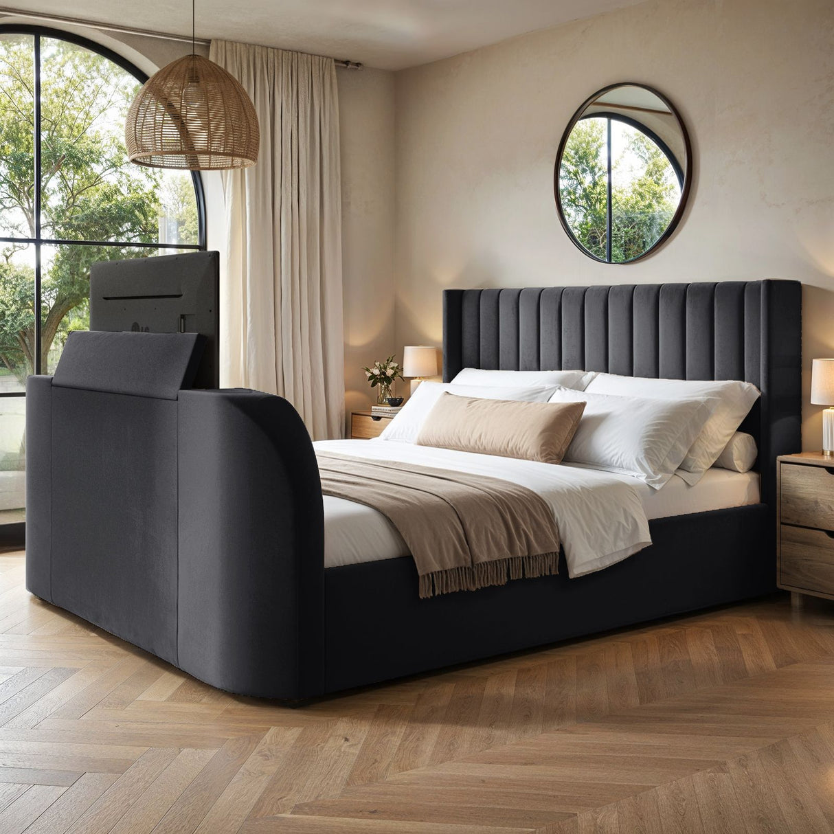 Flair Fallon TV Side Lift Ottoman Bed Charcoal Velvet SuperKing