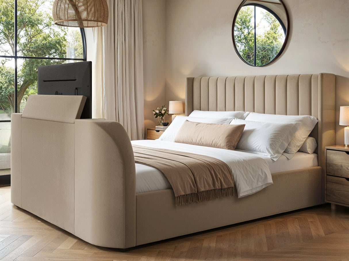 Flair Fallon TV Side Lift Ottoman Bed Beige Velvet SuperKing