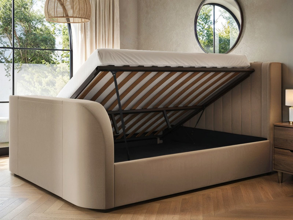 Flair Fallon TV Side Lift Ottoman Bed Beige Velvet SuperKing
