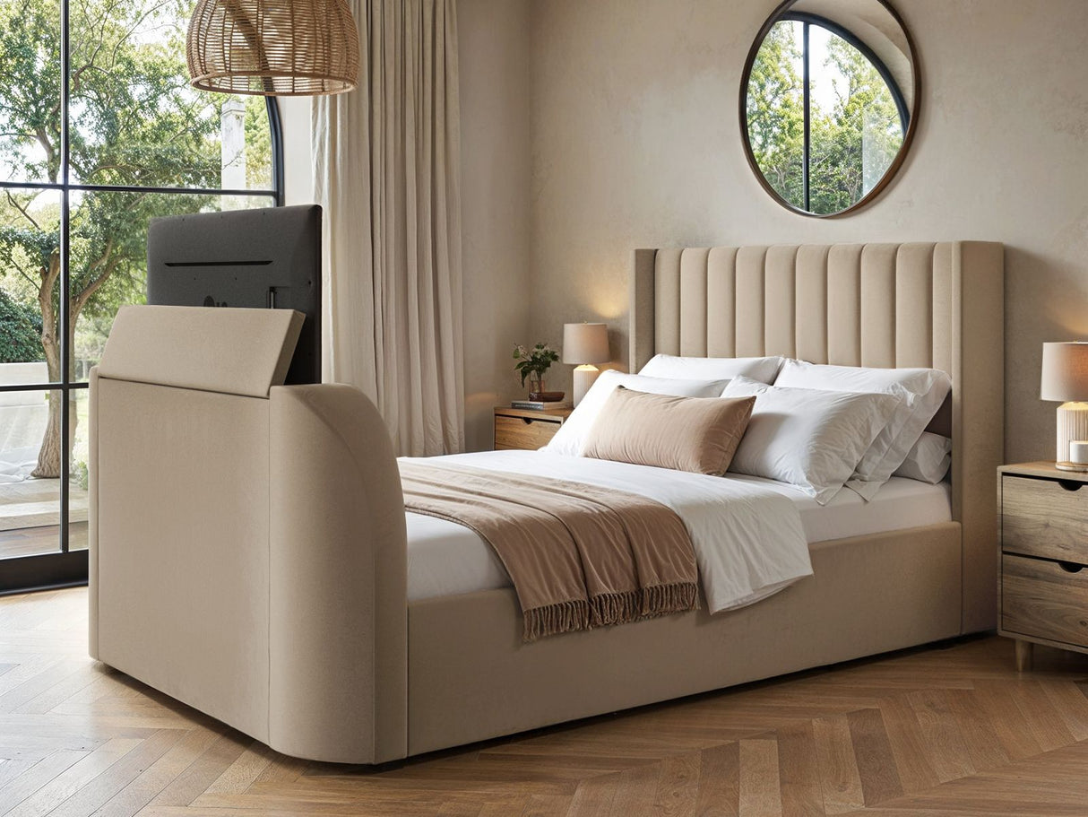 Flair Fallon TV Side Lift Ottoman Bed Beige Velvet Double