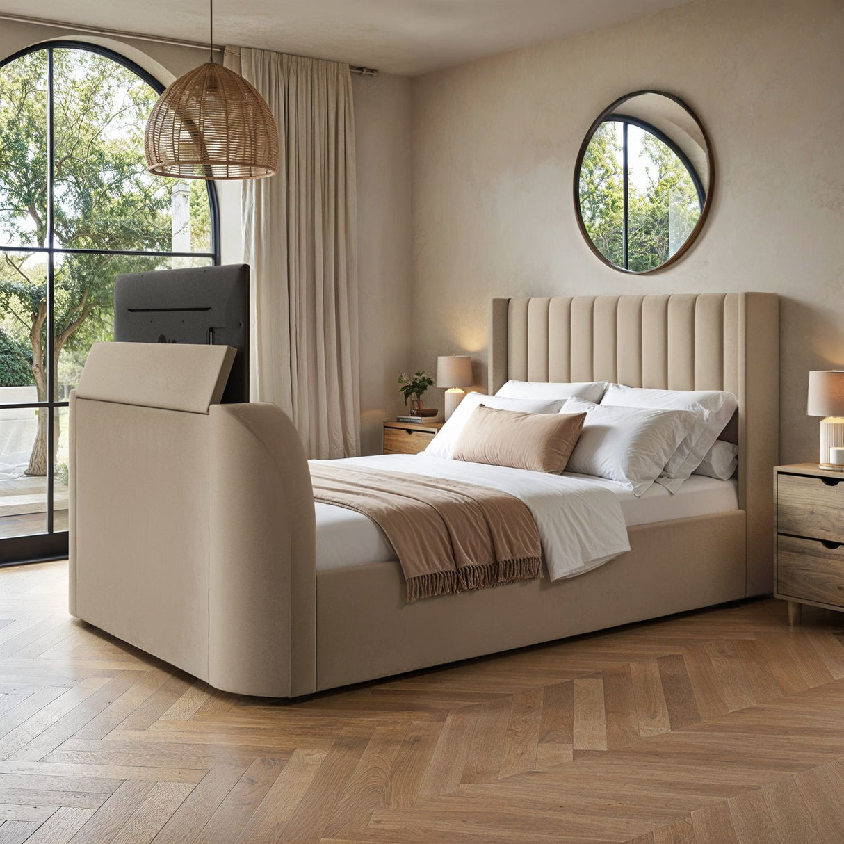 Flair Fallon TV Side Lift Ottoman Bed Beige Velvet Double