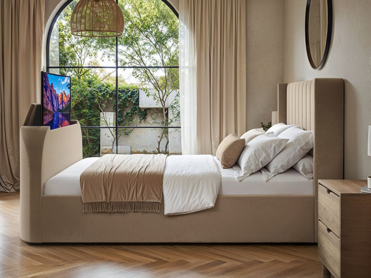 Flair Fallon TV Side Lift Ottoman Bed Beige Velvet Double