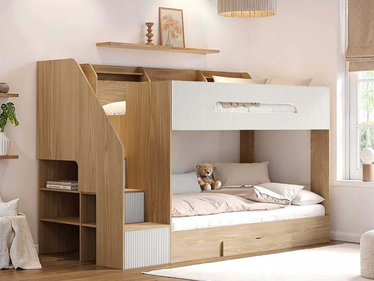Flair Finn Staircase Bunk Bed with Storage Oak & White