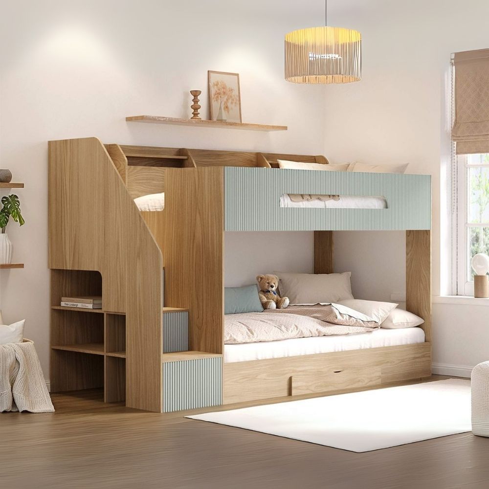 Flair Finn Staircase Bunk Bed with Storage Oak & Green