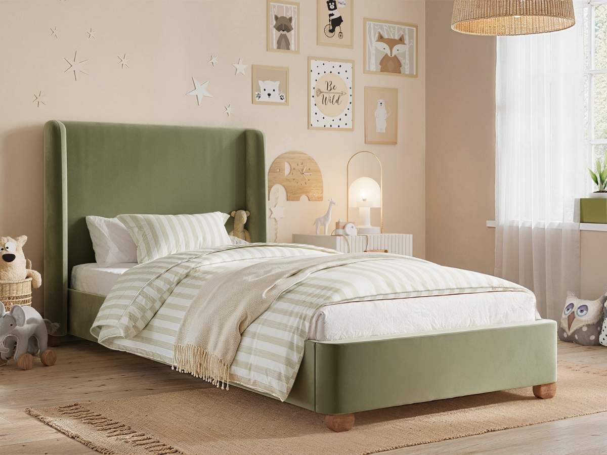 Flair Alma Single Winged Headboard Bed Olive Green Velvet
