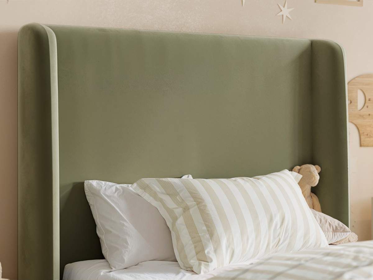 Flair Alma Single Winged Headboard Bed Olive Green Velvet