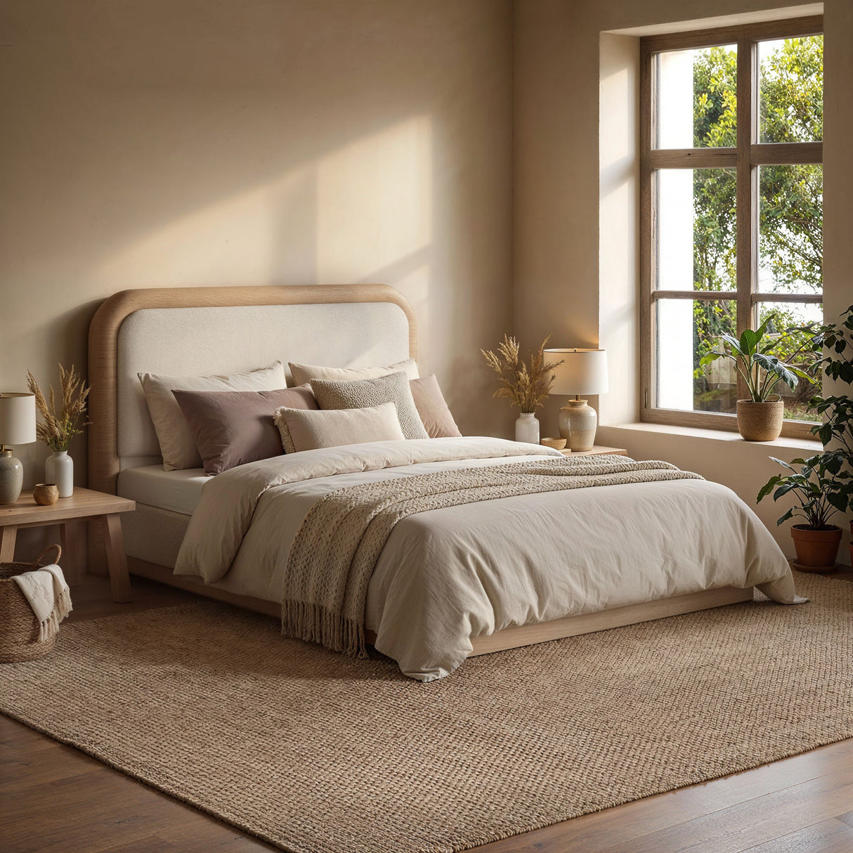 SOLACE+CO Gabriela Wooden Upholstered Bed Frame Cream Chenille Kingsize