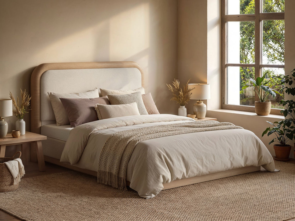 SOLACE+CO Gabriela Wooden Upholstered Bed Frame Cream Chenille Kingsize