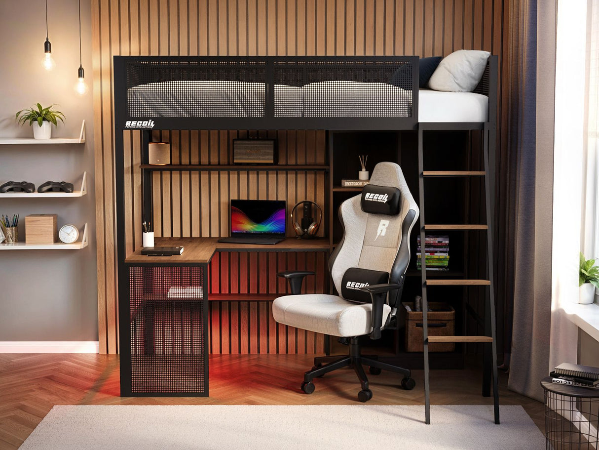 Recoil Graynite Metal Gaming High Sleeper with Shelf and Storage