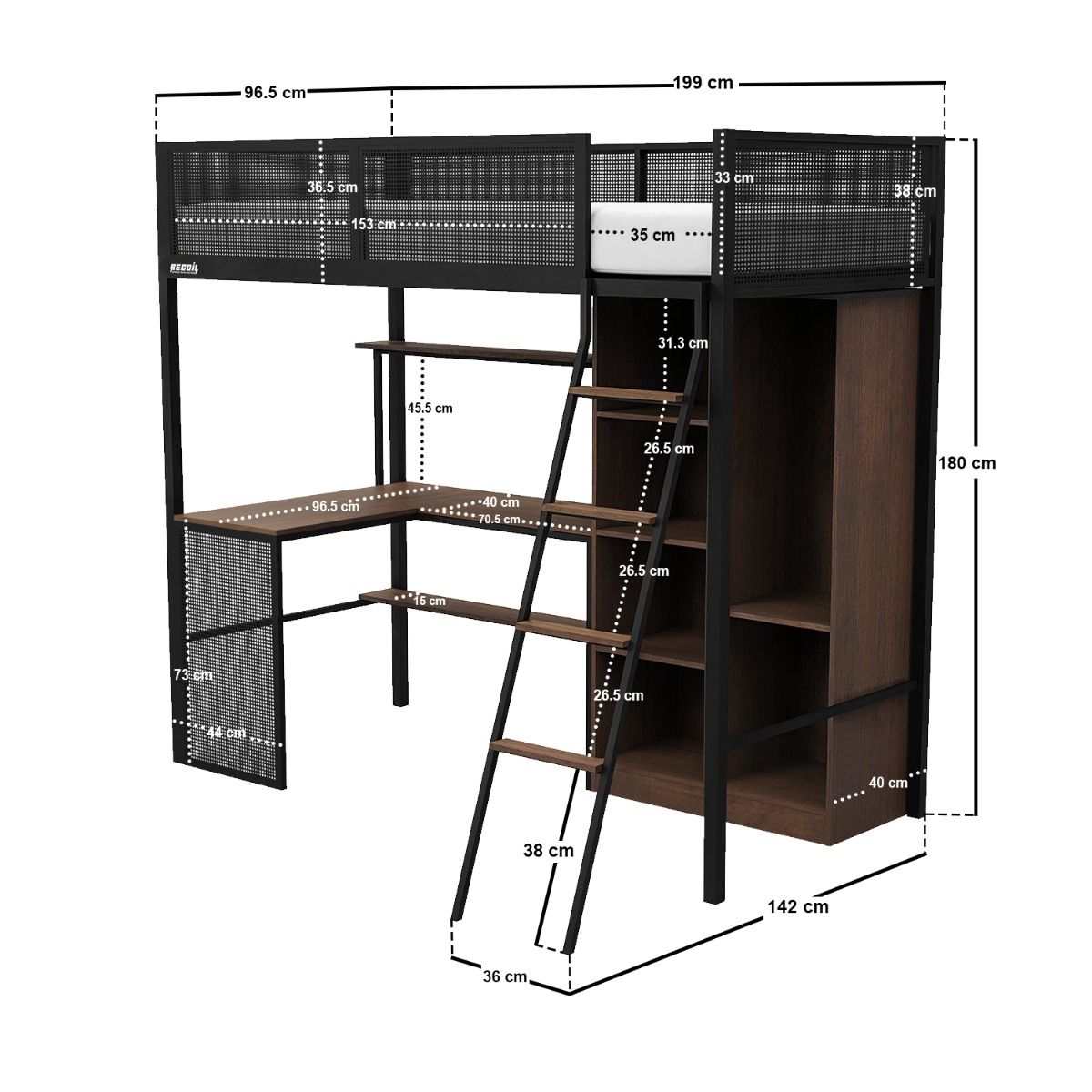 Recoil Graynite Metal Gaming High Sleeper with Shelf and Storage