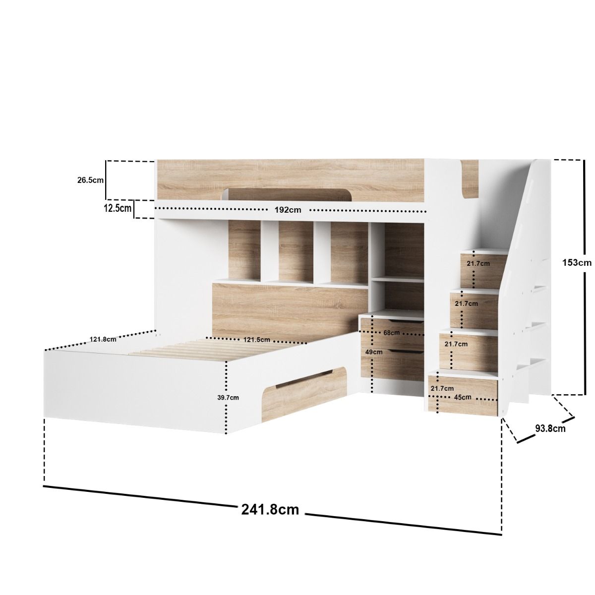 Flair Greyson Staircase Triple Bunk Bed with Storage White & Oak