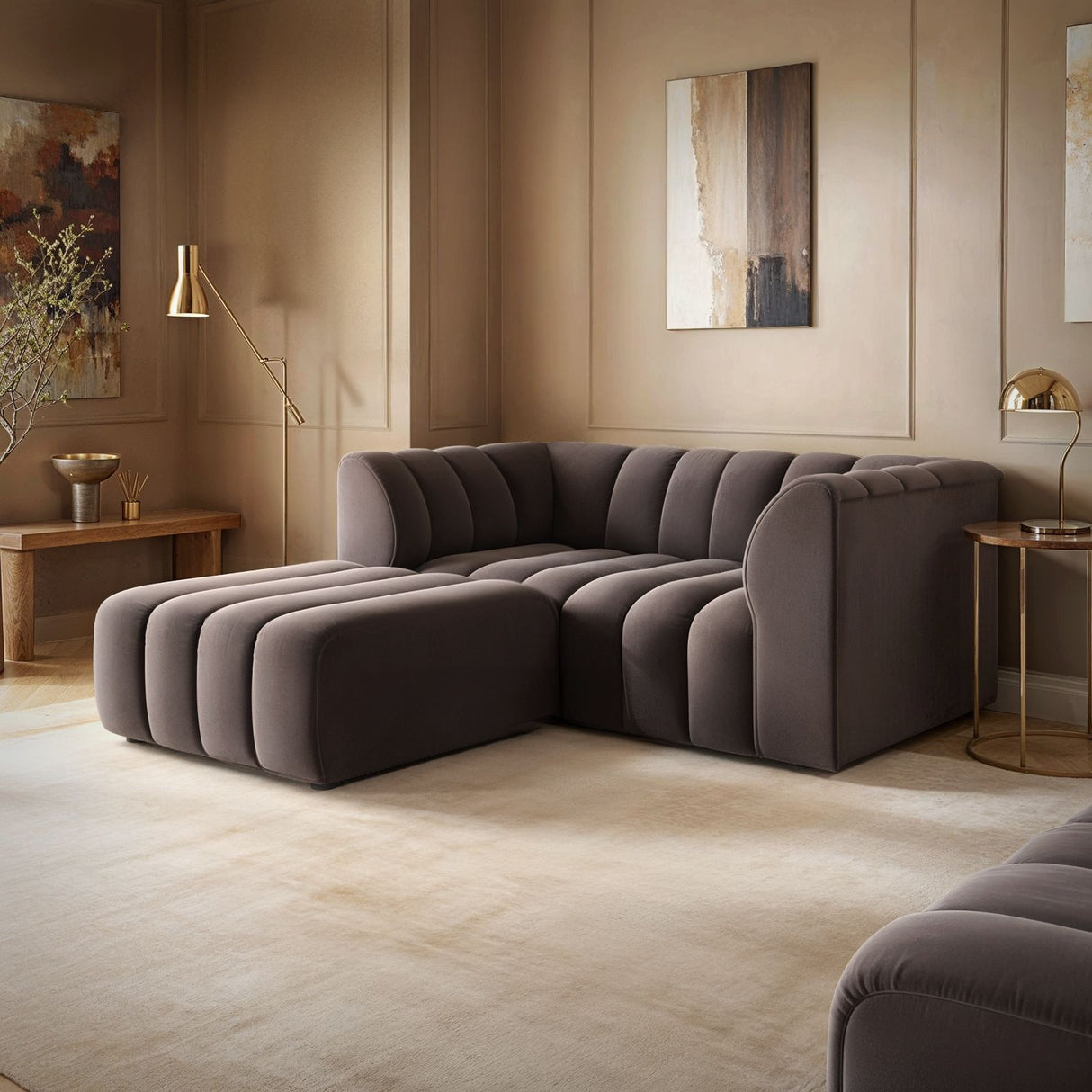 SOLACE+CO Halle Channel Tufted 2 Seater Sofa with Footstool Brown Velvet