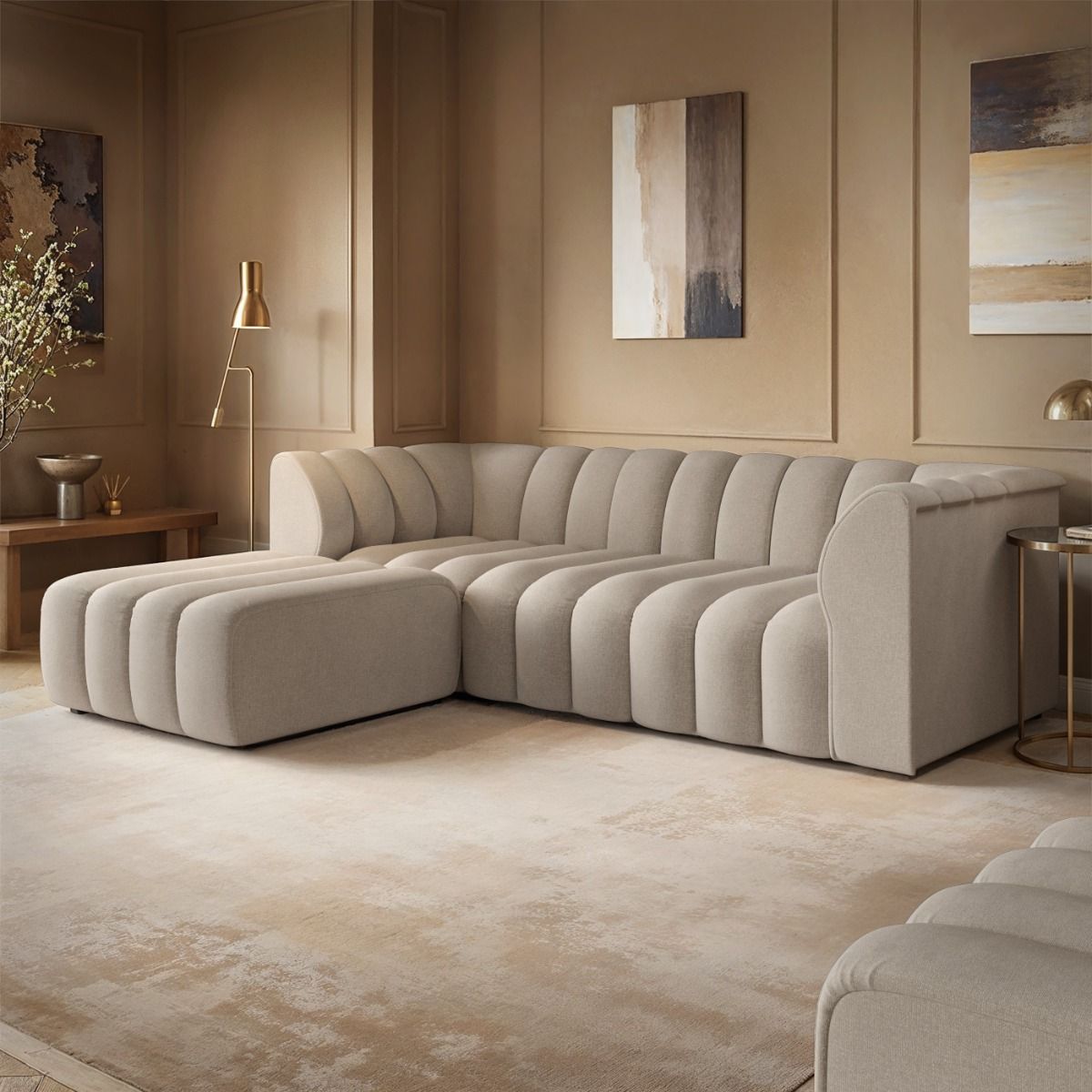 SOLACE+CO Halle Channel Tufted 3 Seater Sofa with Footstool Beige Chenille