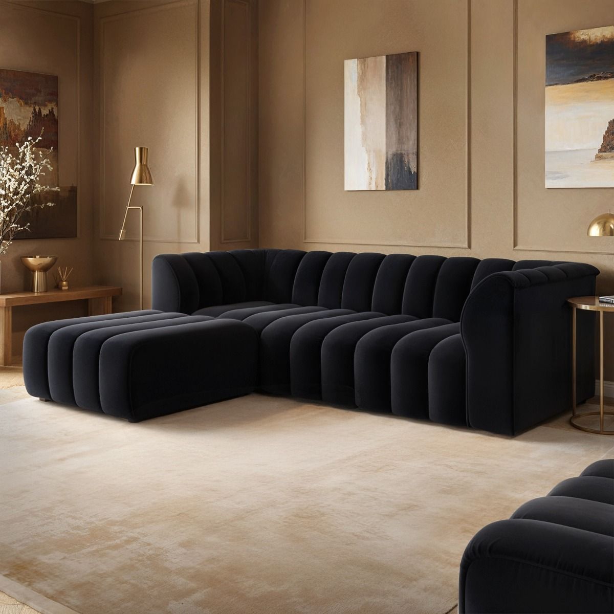 SOLACE+CO Halle Channel Tufted 3 Seater Sofa with Footstool Velvet Black