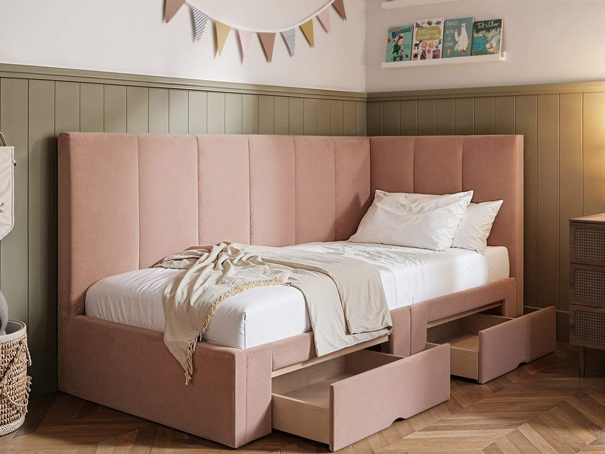 Flair Harley Velvet Corner Bed Frame with Storage Drawers Pink