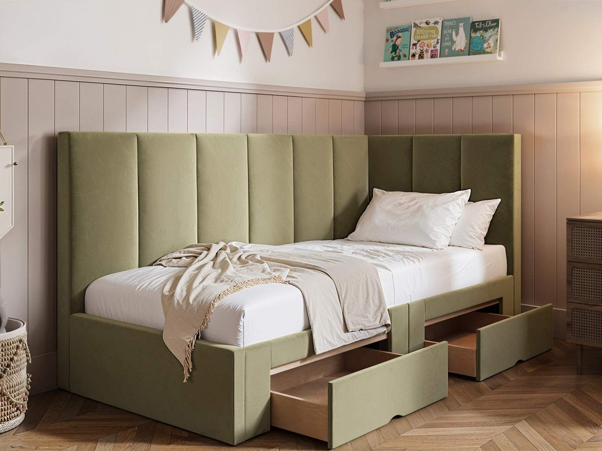 Flair Harley Corner Storage Bed Frame Olive Green Velvet