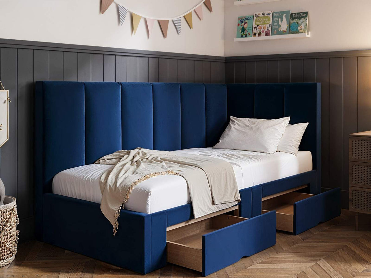 Flair Harley Velvet Corner Bed Frame with Storage Drawers Navy
