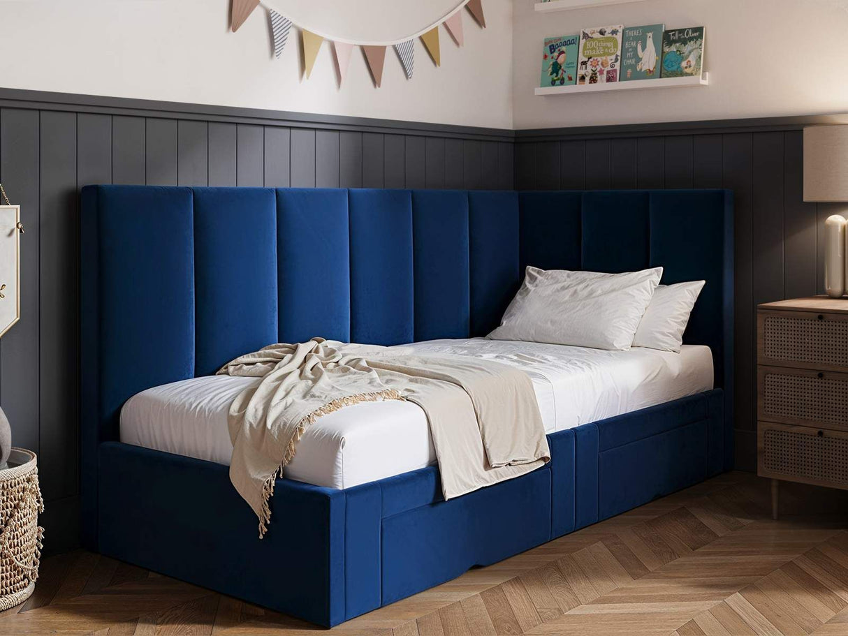 Flair Harley Velvet Corner Bed Frame with Storage Drawers Navy