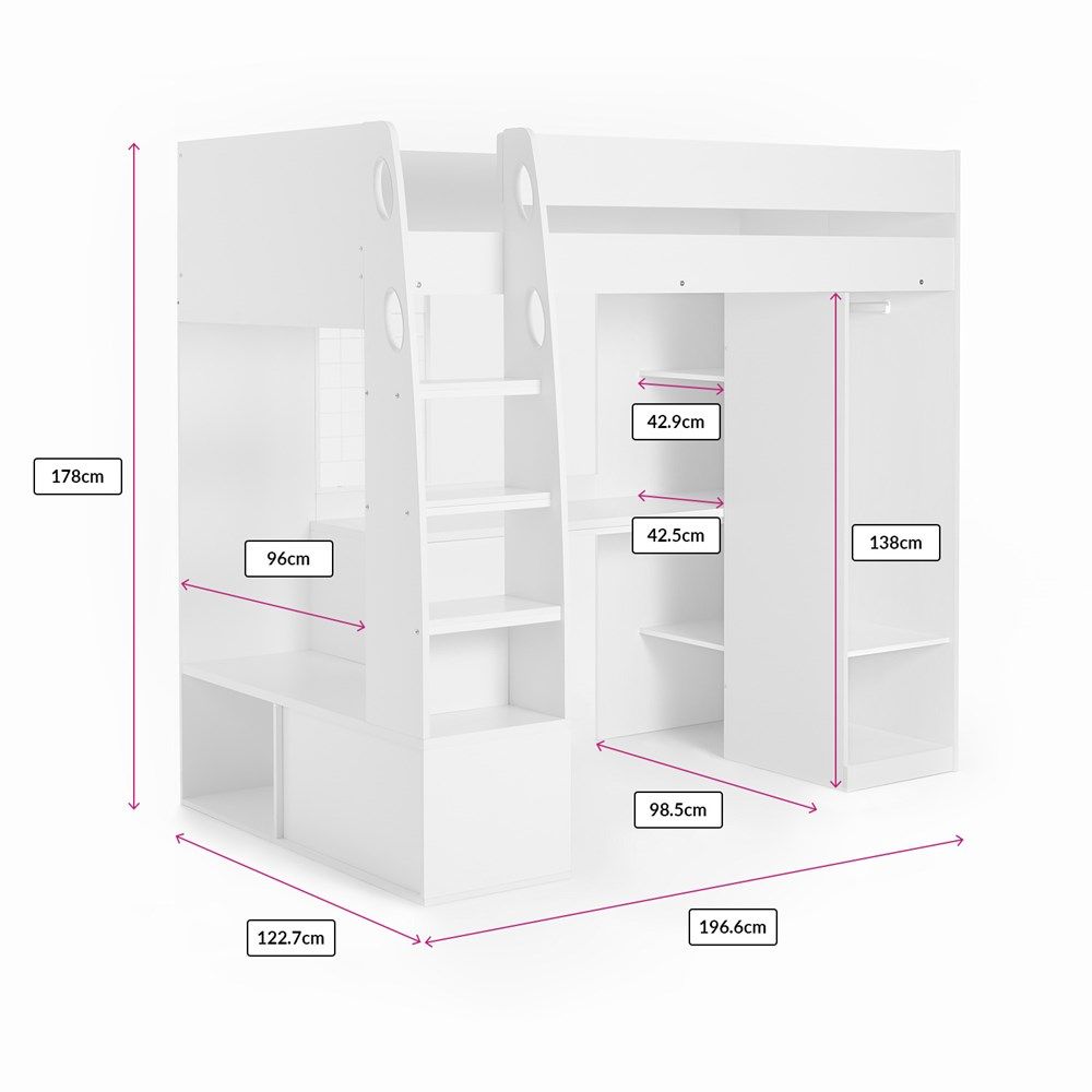 Flair Harry High Sleeper with Desk & Wardrobe White