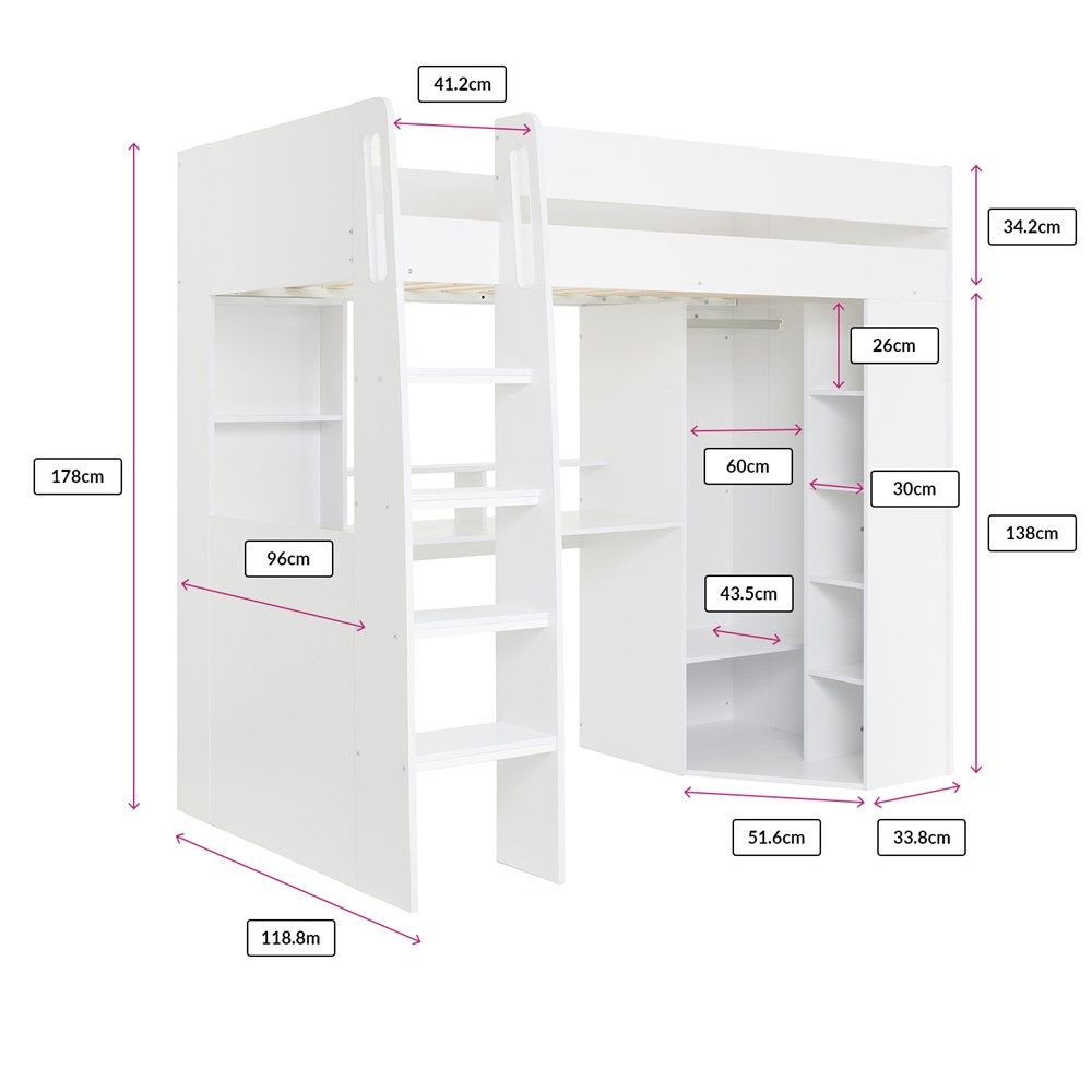 Flair Harper High Sleeper with Desk & Wardrobe White