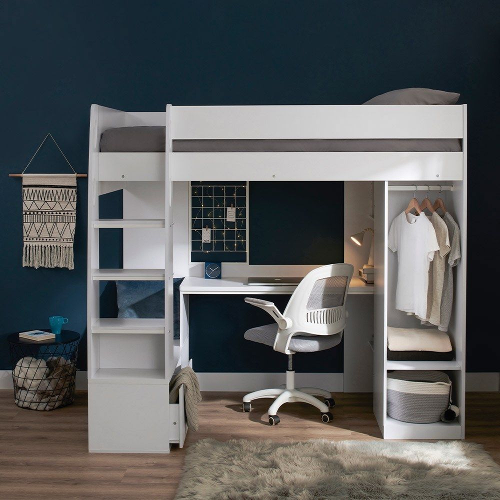 Flair Harry High Sleeper with Desk & Wardrobe White