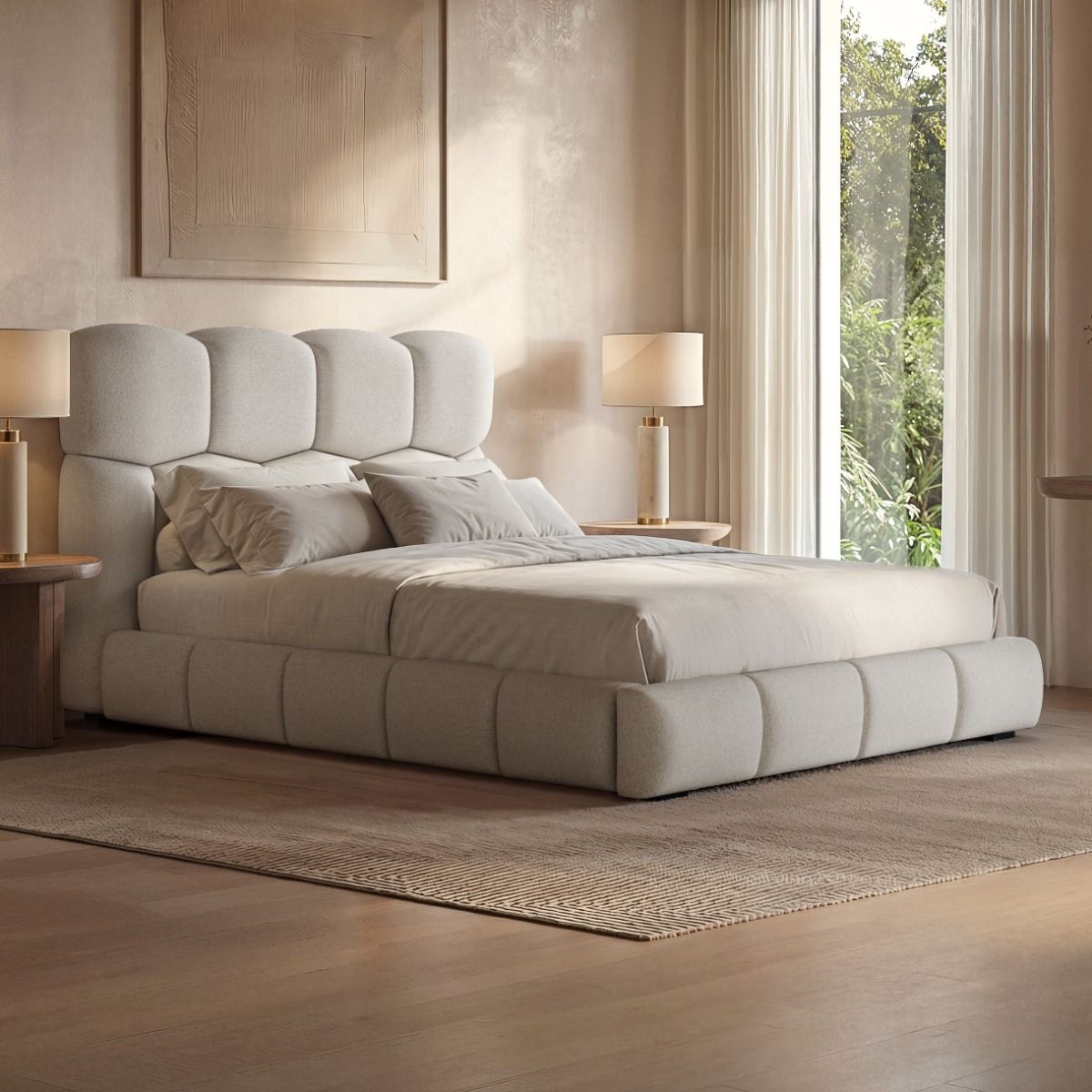 SOLACE+CO Irma Marshmallow Bed Frame Cream Chenille Kingsize