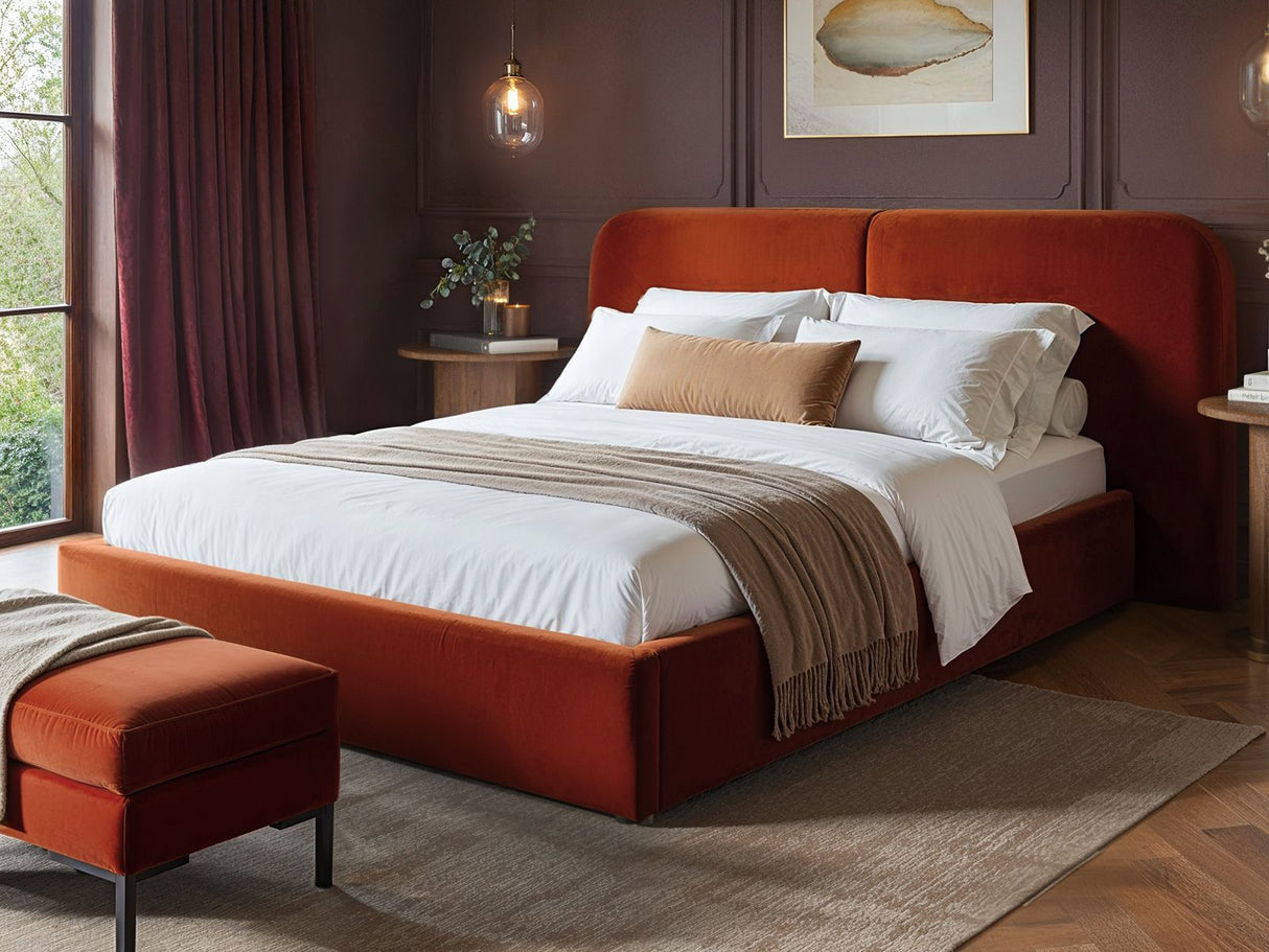 SOLACE+CO Lena Ottoman Bed Burnt Orange Velvet Kingsize