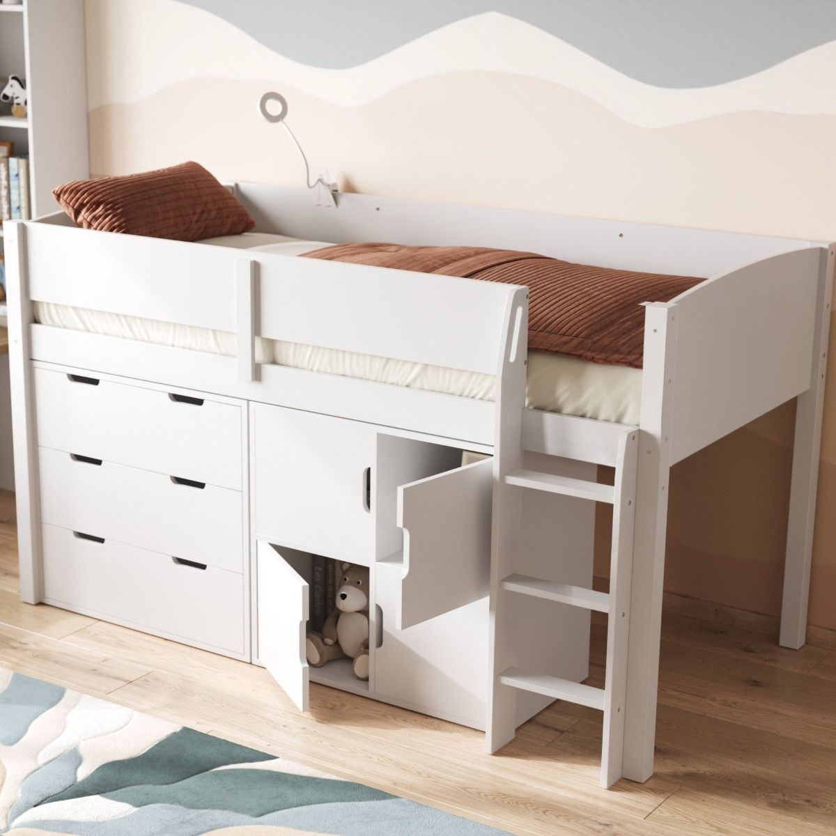 Flair Loop Mid Sleeper Bed Full Set With Doors White 4 White Doors