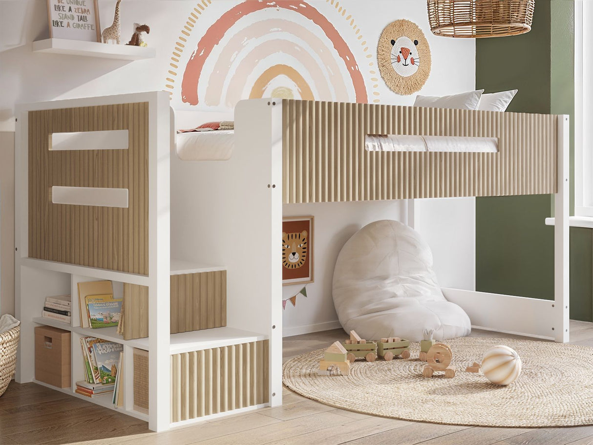 Flair Luca Mid Sleeper with 3 Drawer Chest White & Oak Ribbed